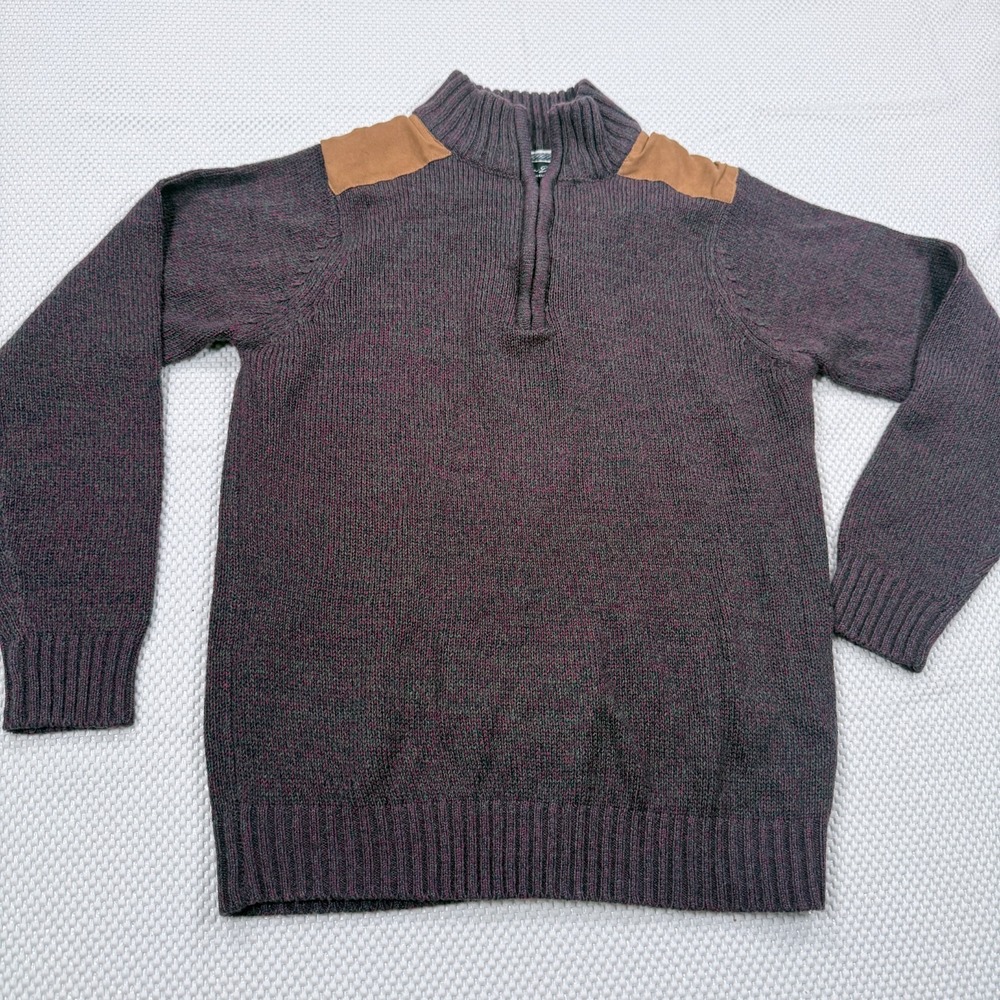 Kian D Los Angeles Men's Quarter Zip Knit Sweater Brown Leather Shoulder Patches